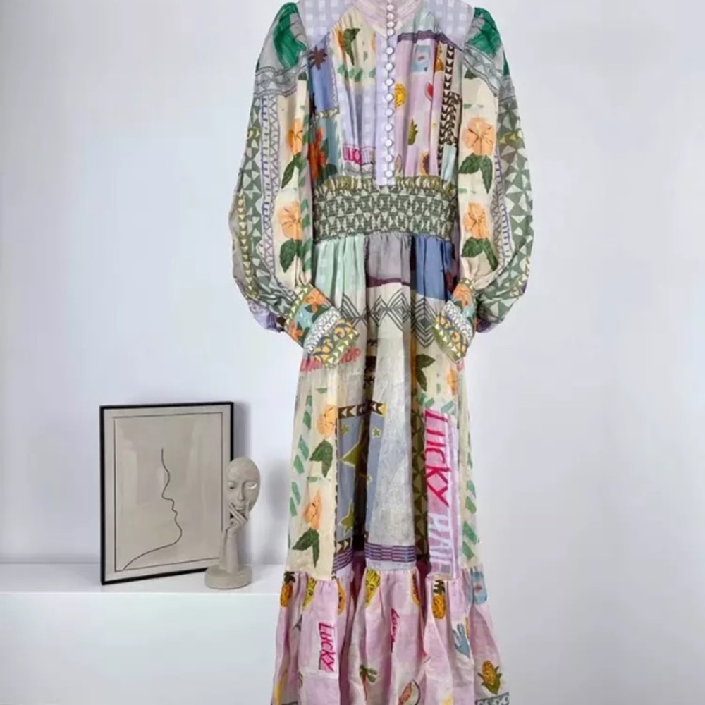Patchwork Floral Maxi Dress in Pastel Green and Lavender